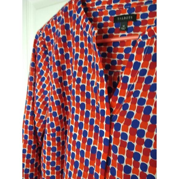 Talbots Woman M Blouse Red Blue Plpolka Dot Long Button Sleeve Semi Sheer - Picture 4 of 10